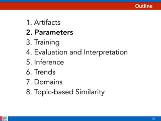 10
Outline
1. Artifacts
2. Parameters
3. Training
4. Evaluation and Interpretation
5. Inference
6. Trends
7. Domains
8. Topic-based Similarity
 