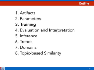 21
Outline
1. Artifacts
2. Parameters
3. Training
4. Evaluation and Interpretation
5. Inference
6. Trends
7. Domains
8. Topic-based Similarity
 