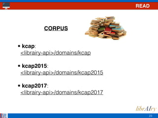 23
• kcap: 
<librairy-api>/domains/kcap 
• kcap2015: 
<librairy-api>/domains/kcap2015 
• kcap2017:  
<librairy-api>/domains/kcap2017
READ
CORPUS
 