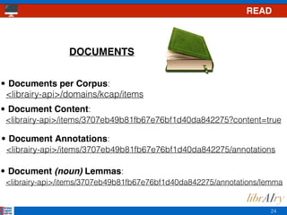 24
• Documents per Corpus: 
<librairy-api>/domains/kcap/items 
• Document Content: 
<librairy-api>/items/3707eb49b81fb67e76bf1d40da842275?content=true 
• Document (noun) Lemmas: 
<librairy-api>/items/3707eb49b81fb67e76bf1d40da842275/annotations/lemma 
• Document Annotations: 
<librairy-api>/items/3707eb49b81fb67e76bf1d40da842275/annotations 
READ
DOCUMENTS
 