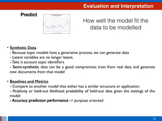 Evaluation and Interpretation
32
• Synthetic Data 
- Because topic models have a generative process, we can generate data 
- Latent variables are no longer latent. 
- Take it account topic identiﬁers 
- Semi-synthetic data can be a good compromise: train from real data and generate
new documents from that model 
• Baselines and Metrics 
- Compare to another model that either has a similar structure or application. 
- Perplexity or held-out likelihood: probability of held-out data given the settings of the
model 
- Accuracy: prediction performance -> purpose oriented- Accuracy: prediction performance
How well the model ﬁt the
data to be modelled
 
