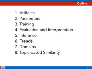 37
Outline
1. Artifacts
2. Parameters
3. Training
4. Evaluation and Interpretation
5. Inference
6. Trends
7. Domains
8. Topic-based Similarity
 