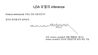 LDA 모델의 inference
Posterior distribution을 구하는 것은 쉬운것인가?
분자의 경우를 먼저 살펴보자.
𝑝 𝛽1:𝐾, 𝜃1:𝐷, 𝑧1:𝐷|𝑤1:𝐷 =
𝑝 𝛽1:𝐾, 𝜃1:𝐷, 𝑧1:𝐷, 𝑤1:𝐷
𝑝 𝑤1:𝐷
모든 random variable의 결합 확률밀도 함수는,
hidden variable이 임의로 셋팅된다면 쉽게 계산 가능
 