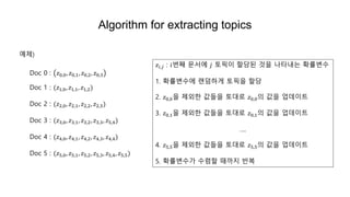 Algorithm for extracting topics
Doc 0 : 𝑧0,0, 𝑧0,1, 𝑧0,2, 𝑧0,3
Doc 1 : (𝑧1,0, 𝑧1,1, 𝑧1,2)
Doc 2 : (𝑧2,0, 𝑧2,1, 𝑧2,2, 𝑧2,3)
Doc 3 : (𝑧3,0, 𝑧3,1, 𝑧3,2, 𝑧3,3, 𝑧5,4)
Doc 4 : (𝑧4,0, 𝑧4,1, 𝑧4,2, 𝑧4,3, 𝑧4,4)
Doc 5 : (𝑧5,0, 𝑧5,1, 𝑧5,2, 𝑧5,3, 𝑧5,4, 𝑧5,5)
예제)
𝑧𝑖,𝑗 : 𝑖번째 문서에 𝑗 토픽이 할당된 것을 나타내는 확률변수
1. 확률변수에 랜덤하게 토픽을 할당
2. 𝑧0,0을 제외한 값들을 토대로 𝑧0,0의 값을 업데이트
3. 𝑧0,1을 제외한 값들을 토대로 𝑧0,1의 값을 업데이트
….
4. 𝑧5,5을 제외한 값들을 토대로 𝑧5,5의 값을 업데이트
5. 확률변수가 수렴할 때까지 반복
 