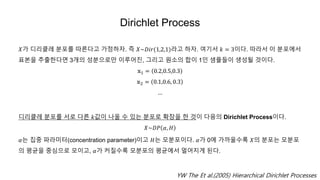 Dirichlet Process
𝑋가 디리클레 분포를 따른다고 가정하자. 즉 𝑋~𝐷𝑖𝑟(1,2,1)라고 하자. 여기서 𝑘 = 3이다. 따라서 이 분포에서
표본을 추출한다면 3개의 성분으로만 이루어진, 그리고 원소의 합이 1인 샘플들이 생성될 것이다.
𝕩1 = 0.2,0.5,0.3
𝕩2 = 0.1,0.6, 0.3
…
디리클레 분포를 서로 다른 𝑘값이 나올 수 있는 분포로 확장을 한 것이 다음의 Dirichlet Process이다.
𝑋~𝐷𝑃 𝛼, 𝐻
𝛼는 집중 파라미터(concentration parameter)이고 𝐻는 모분포이다. 𝛼가 0에 가까울수록 𝑋의 분포는 모분포
의 평균을 중심으로 모이고, 𝛼가 커질수록 모분포의 평균에서 멀어지게 된다.
YW The Et al.(2005) Hierarchical Dirichlet Processes
 