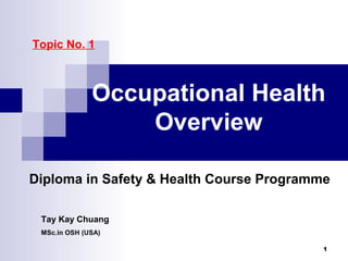 1
Occupational Health
Overview
Diploma in Safety & Health Course Programme
Tay Kay Chuang
MSc.in OSH (USA)
Topic No. 1
 