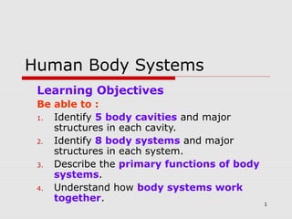1
Human Body Systems
Learning Objectives
Be able to :
1. Identify 5 body cavities and major
structures in each cavity.
2. Identify 8 body systems and major
structures in each system.
3. Describe the primary functions of body
systems.
4. Understand how body systems work
together.
 
