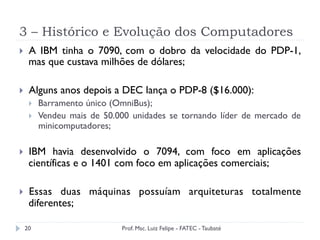 3 – Histórico e Evolução dos Computadores
20
}  A IBM tinha o 7090, com o dobro da velocidade do PDP-1,
mas que custava milhões de dólares;
}  Alguns anos depois a DEC lança o PDP-8 ($16.000):
}  Barramento único (OmniBus);
}  Vendeu mais de 50.000 unidades se tornando líder de mercado de
minicomputadores;
}  IBM havia desenvolvido o 7094, com foco em aplicações
científicas e o 1401 com foco em aplicações comerciais;
}  Essas duas máquinas possuíam arquiteturas totalmente
diferentes;
Prof. Msc. Luiz Felipe - FATEC - Taubaté
 