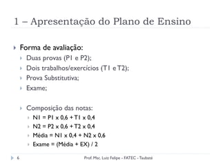 1 – Apresentação do Plano de Ensino
6
}  Forma de avaliação:
}  Duas provas (P1 e P2);
}  Dois trabalhos/exercícios (T1 e T2);
}  Prova Substitutiva;
}  Exame;
}  Composição das notas:
}  N1 = P1 x 0,6 + T1 x 0,4
}  N2 = P2 x 0,6 + T2 x 0,4
}  Média = N1 x 0,4 + N2 x 0,6
}  Exame = (Média + EX) / 2
Prof. Msc. Luiz Felipe - FATEC - Taubaté
 