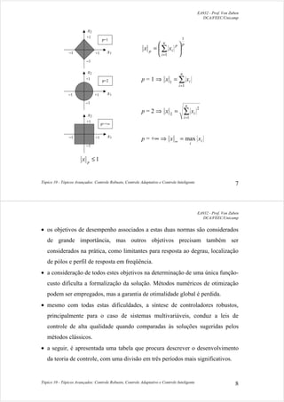 EA932 - Prof. Von Zuben
DCA/FEEC/Unicamp
Tópico 10 - Tópicos Avançados: Controle Robusto, Controle Adaptativo e Controle Inteligente 7
x1
x2
+1
+1
−1
−1
x1
x2
x1
x2
+1
+1
−1
−1
+1
+1
−1
−1
p=2
p=1
p=+∞
1≤p
x
pn
i
p
ip
xx
1
1






= ∑
=
p = 1 ⇒ ∑
=
=
n
i
ixx
1
1
p = 2 ⇒ ∑
=
=
n
i
ixx
1
2
2
p = +∞ ⇒ i
i
xx max=∞
EA932 - Prof. Von Zuben
DCA/FEEC/Unicamp
Tópico 10 - Tópicos Avançados: Controle Robusto, Controle Adaptativo e Controle Inteligente 8
• os objetivos de desempenho associados a estas duas normas são considerados
de grande importância, mas outros objetivos precisam também ser
considerados na prática, como limitantes para resposta ao degrau, localização
de pólos e perfil de resposta em freqüência.
• a consideração de todos estes objetivos na determinação de uma única função-
custo dificulta a formalização da solução. Métodos numéricos de otimização
podem ser empregados, mas a garantia de otimalidade global é perdida.
• mesmo com todas estas dificuldades, a síntese de controladores robustos,
principalmente para o caso de sistemas multivariáveis, conduz a leis de
controle de alta qualidade quando comparadas às soluções sugeridas pelos
métodos clássicos.
• a seguir, é apresentada uma tabela que procura descrever o desenvolvimento
da teoria de controle, com uma divisão em três períodos mais significativos.
 