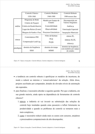 EA932 - Prof. Von Zuben
DCA/FEEC/Unicamp
Tópico 10 - Tópicos Avançados: Controle Robusto, Controle Adaptativo e Controle Inteligente 9
Controle Clássico
1930-1960
Controle Moderno
1960-1980
Controle Robusto
1980-nossos dias
análise
Diagramas de Bode
Critério de Nyquist
Critério de Routh-Hurwitz
Lugar das Raízes (Evans)
Margens de Ganho e Fase
Modelo por Espaço de
Estados
Controlabilidade
Observabilidade
Processos Estocásticos
Decomposição em
Valores Singulares
Análise µ
Fatorização Espectral
Inequações Matriciais
síntese
Controladores PID
Compensação Lead-Lag
Filtro de Kalman
PLQ
PLQG
síntese H∞
síntese H2/H∞
síntese µ
paradigma domínio da freqüência
SISO
domínio do tempo
MIMO
domínio da freqüência,
com modelos por espaço
de estados
EA932 - Prof. Von Zuben
DCA/FEEC/Unicamp
Tópico 10 - Tópicos Avançados: Controle Robusto, Controle Adaptativo e Controle Inteligente 10
• a tendência em controle robusto é aperfeiçoar os modelos de incertezas, de
modo a reduzir ao máximo o ‘conservadorismo’ da solução. Além disso,
projetos auxiliados por computador, dotados de elevados níveis de automação
são esperados.
• para finalizar, é necessário abordar a seguinte questão: Por que a indústria, em
sua grande maioria, ainda opera na dependência de ferramentas de controle
clássico?
1. inércia: a indústria só vai investir na substituição das soluções de
controle hoje instaladas quando estas passarem a influir fortemente na
produtividade e quando os problemas de controle se tornarem mais e
mais complexos;
2. custo: é necessário reduzir ainda mais os custos com sensores, atuadores
e processadores computacionais de alto desempenho;
 