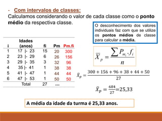 - Com intervalos de classes:
Calculamos considerando o valor de cada classe como o ponto
médio da respectiva classe.
i
Idades
(anos) fi Pm Pm.fi
1 17 |- 23 15 20 300
2 23 |- 29 6 26 156
3 29 |- 35 3 32 96
4 35 |- 41 1 38 38
5 41 |- 47 1 44 44
6 47 |- 53 1 50 50
Total 27 ---
A média da idade da turma é 25,33 anos.
n
f
P
X
i
m
p
i

=
.
O desconhecimento dos valores
individuais faz com que se utilize
os pontos médios de classe
para calcular a média.
 