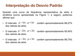 Interpretação do Desvio Padrão
Quando uma curva de frequência representativa da série é
simétrica (curva apresentada na Figura 1, a seguir), podemos
afirmar que:
• O intervalo contém aproximadamente 68,27%
dos valores da série.
• O intervalo contém aproximadamente 95,45%
dos valores da série.
• O intervalo contém aproximadamente 99,73%
dos valores da série.



 1
;
1 +
−



 2
;
2 +
−



 3
;
3 +
−
 