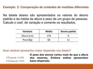 Exemplo 2: Comparação de unidades de medidas diferentes
Qual variável apresentou maior dispersão nos dados?
Na tabela abaixo são apresentados os valores do desvio
padrão e da média da altura e peso de um grupo de pessoas.
Calcule o coef. de variação e comente os resultados.
Variáveis Média Desvio padrão
Altura (cm) 170 9
Peso (Kg) 68 11
%
3
,
5
)
(
%
2
,
11
)
(
=
=
altura
CV
peso
CV
O peso dos alunos variou mais do que a altura
dos mesmos. Embora ambos apresentem
baixa dispersão.
 