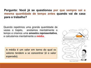 Pergunta: Você já se questionou por que sempre sai a
mesma quantidade de tempo antes quando vai de casa
para o trabalho?
Editora Ciranda Cultural
FURG
Quando repetimos uma grande quantidade de
vezes o trajeto, anotamos mentalmente o
tempo e criamos uma amostra representativa,
e calculamos mentalmente a média.
A média é um valor em torno do qual os
valores tendem a se concentrar (é o valor
esperado).
 