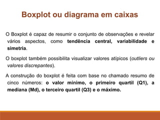 O Boxplot é capaz de resumir o conjunto de observações e revelar
vários aspectos, como tendência central, variabilidade e
simetria.
O boxplot também possibilita visualizar valores atípicos (outliers ou
valores discrepantes).
A construção do boxplot é feita com base no chamado resumo de
cinco números: o valor mínimo, o primeiro quartil (Q1), a
mediana (Md), o terceiro quartil (Q3) e o máximo.
Boxplot ou diagrama em caixas
 