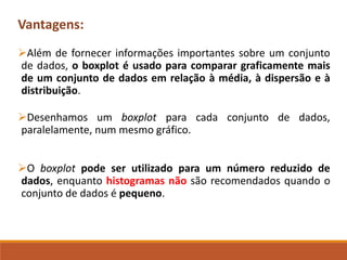 Vantagens:
➢Além de fornecer informações importantes sobre um conjunto
de dados, o boxplot é usado para comparar graficamente mais
de um conjunto de dados em relação à média, à dispersão e à
distribuição.
➢Desenhamos um boxplot para cada conjunto de dados,
paralelamente, num mesmo gráfico.
➢O boxplot pode ser utilizado para um número reduzido de
dados, enquanto histogramas não são recomendados quando o
conjunto de dados é pequeno.
 