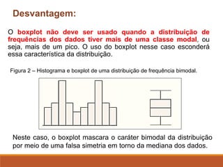 O boxplot não deve ser usado quando a distribuição de
frequências dos dados tiver mais de uma classe modal, ou
seja, mais de um pico. O uso do boxplot nesse caso esconderá
essa característica da distribuição.
Neste caso, o boxplot mascara o caráter bimodal da distribuição
por meio de uma falsa simetria em torno da mediana dos dados.
Figura 2 – Histograma e boxplot de uma distribuição de frequência bimodal.
Desvantagem:
 