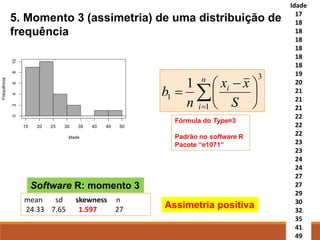 Idade
17
18
18
18
18
18
18
19
20
21
21
21
22
22
22
23
23
24
24
27
27
29
30
32
35
41
49
Idade
Frequência
15 20 25 30 35 40 45 50
0
2
4
6
8
10
Assimetria positiva
mean sd skewness n
24.33 7.65 1.597 27
Software R: momento 3
3
1
1
1

=





 −
=
n
i
i
S
x
x
n
b
Fórmula do Type=3
Padrão no software R
Pacote “e1071”
5. Momento 3 (assimetria) de uma distribuição de
frequência
 