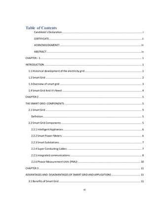 vi
Table of Contents
Candidate’s Declaration........................................................................................................i
CERTIFICATE........................................................................................................................ii
ACKNOWLEDGMENET.........................................................................................................iii
ABSTRACT.......................................................................................................................... iv
CHAPTER:- 1...................................................................................................................................1
INTRODUCTION.............................................................................................................................. 1
1.1 Historical development of the electricity grid.......................................................................... 1
1.2 Smart Grid ............................................................................................................................ 2
1.3 Overview of smart grid .......................................................................................................... 3
1.4 Smart Grid And it’s Need.......................................................................................................4
CHAPTER 2.....................................................................................................................................5
THE SMART GRID: COMPONENTS ....................................................................................................5
2.1 Smart Grid ............................................................................................................................ 5
Definition................................................................................................................................ 5
2.2 Smart Grid Components ........................................................................................................5
2.2.1 IntelligentAppliances:.....................................................................................................6
2.2.2 Smart Power Meters: ......................................................................................................6
2.2.3 Smart Substations:.......................................................................................................... 7
2.2.4 Super Conducting Cables:................................................................................................ 7
2.2.5 Integrated communications:............................................................................................ 8
2.2.6 Phasor Measurement Units (PMU):................................................................................ 10
CHAPTER 3................................................................................................................................... 11
ADVANTAGES AND DISADVANTAGES OF SMART GRID AND APPLICATIONS ..................................... 11
3.1 Benefits of Smart Grid ......................................................................................................... 11
 