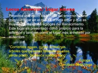 Locus Amoenus/ Lugar ameno
 Presenta una visión idealizada del entorno natural,
 como un lugar en el que se anhela estar y que es
 muy frecuente en las églogas del Renacimiento.
 Este lugar es presentado como propicio para la
 reflexión y también como el lugar más anhelado por
 el hombre.

 “Corrientes aguas, puras, cristalinas,
 árboles que os estáis mirando en ellas,
 verde prado, de fresca sombra lleno”
                                             Égloga I
                                 Garcilaso de la Vega
 