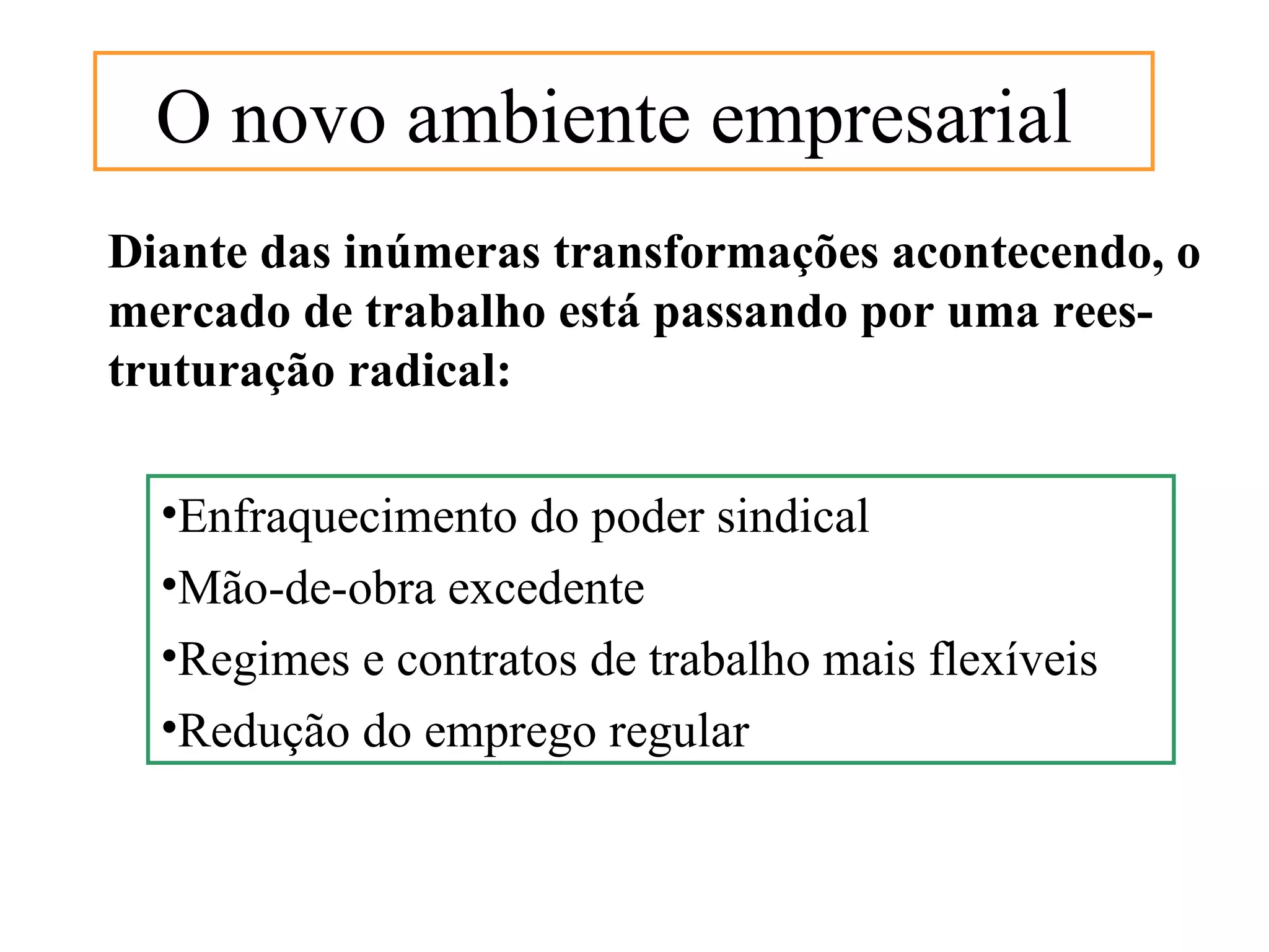 O novo ambiente empresarial
Diante das inúmeras transformações acontecendo, o
mercado de trabalho está passando por uma rees-
truturação radical:

  •Enfraquecimento do poder sindical
  •Mão-de-obra excedente
  •Regimes e contratos de trabalho mais flexíveis
  •Redução do emprego regular
 