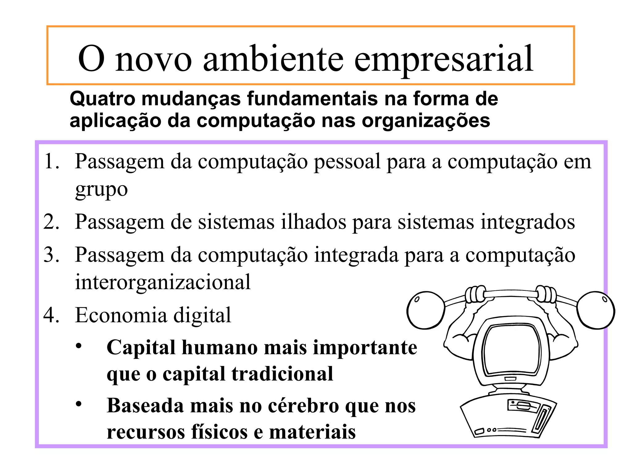 O novo ambiente empresarial
  Quatro mudanças fundamentais na forma de
  aplicação da computação nas organizações

1. Passagem da computação pessoal para a computação em
   grupo
2. Passagem de sistemas ilhados para sistemas integrados
3. Passagem da computação integrada para a computação
   interorganizacional
4. Economia digital
   • Capital humano mais importante
       que o capital tradicional
   • Baseada mais no cérebro que nos
       recursos físicos e materiais
 
