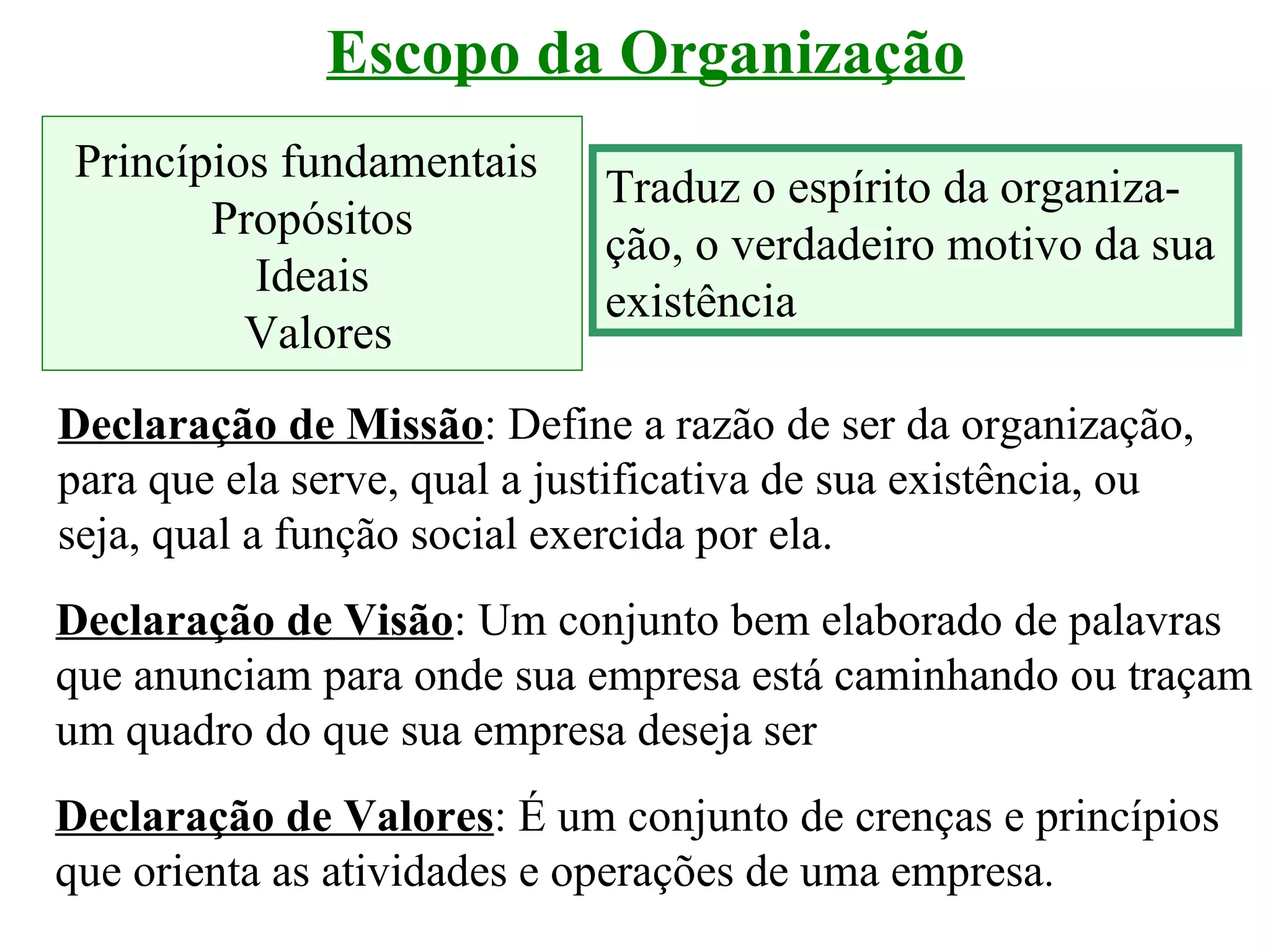 Escopo da Organização
 Princípios fundamentais
                             Traduz o espírito da organiza-
        Propósitos
                             ção, o verdadeiro motivo da sua
          Ideais
                             existência
          Valores
Declaração de Missão: Define a razão de ser da organização,
para que ela serve, qual a justificativa de sua existência, ou
seja, qual a função social exercida por ela.
Declaração de Visão: Um conjunto bem elaborado de palavras
que anunciam para onde sua empresa está caminhando ou traçam
um quadro do que sua empresa deseja ser
Declaração de Valores: É um conjunto de crenças e princípios
que orienta as atividades e operações de uma empresa.
 