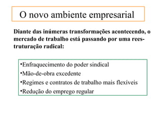 O novo ambiente empresarial
Diante das inúmeras transformações acontecendo, o
mercado de trabalho está passando por uma rees-
truturação radical:

  •Enfraquecimento do poder sindical
  •Mão-de-obra excedente
  •Regimes e contratos de trabalho mais flexíveis
  •Redução do emprego regular
 