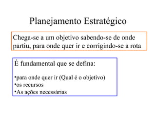 Planejamento Estratégico
Chega-se a um objetivo sabendo-se de onde
partiu, para onde quer ir e corrigindo-se a rota

É fundamental que se defina:
•para onde quer ir (Qual é o objetivo)
•os recursos
•As ações necessárias
 