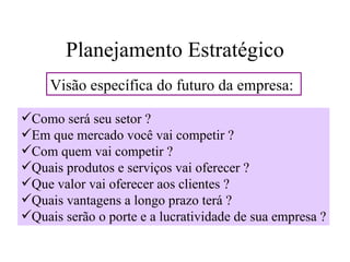 Planejamento Estratégico
     Visão específica do futuro da empresa:

Como será seu setor ?
Em que mercado você vai competir ?
Com quem vai competir ?
Quais produtos e serviços vai oferecer ?
Que valor vai oferecer aos clientes ?
Quais vantagens a longo prazo terá ?
Quais serão o porte e a lucratividade de sua empresa ?
 