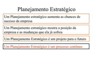 Planejamento Estratégico
Um Planejamento estratégico aumenta as chances de
sucesso da empresa
Um Planejamento estratégico mostra a posição da
empresa e as mudanças que ela já sofreu
Um Planejamento Estratégico é um projeto para o futuro

Um Planejamento Estratégico é um processo contínuo
 