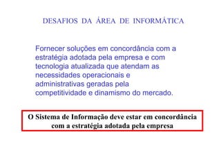 DESAFIOS DA ÁREA DE INFORMÁTICA


  Fornecer soluções em concordância com a
  estratégia adotada pela empresa e com
  tecnologia atualizada que atendam as
  necessidades operacionais e
  administrativas geradas pela
  competitividade e dinamismo do mercado.


O Sistema de Informação deve estar em concordância
       com a estratégia adotada pela empresa
 