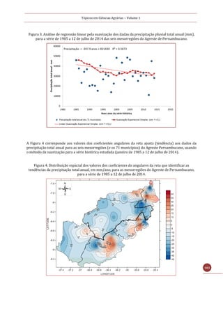 Tópicos em Ciências Agrárias – Volume 1
103
Figura 3. Análise de regressão linear pela suavização dos dadas da precipitação pluvial total anual (mm),
para a série de 1985 a 12 de julho de 2014 das seis mesorregiões do Agreste de Pernambucano.
A Figura 4 corresponde aos valores dos coeficientes angulares da reta ajusta (tendência) aos dados da
precipitação total anual para as seis mesorregiões (e os 71 municípios) do Agreste Pernambucano, usando
o método da suavização para a série histórica estudada (janeiro de 1985 a 12 de julho de 2014).
Figura 4. Distribuição espacial dos valores dos coeficientes do angulares da reta que identificar as
tendências da precipitação total anual, em mm/ano, para as mesorregiões do Agreste de Pernambucano,
para a série de 1985 a 12 de julho de 2014.
 
