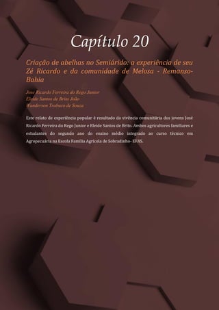 Tópicos em Ciências Agrárias – Volume 1
111
Capítulo 20
Criação de abelhas no Semiárido: a experiência de seu
Zé Ricardo e da comunidade de Melosa - Remanso-
Bahia
Jose Ricardo Ferreira do Rego Junior
Eleide Santos de Brito João
Wanderson Trabuco de Souza
Este relato de experiência popular é resultado da vivência comunitária dos jovens José
Ricardo Ferreira do Rego Junior e Eleide Santos de Brito. Ambos agricultores familiares e
estudantes do segundo ano do ensino médio integrado ao curso técnico em
Agropecuária na Escola Família Agrícola de Sobradinho- EFAS.
 