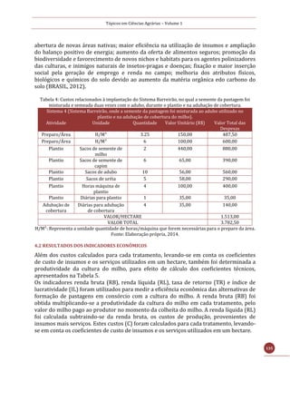 Tópicos em Ciências Agrárias – Volume 1
135
abertura de novas áreas nativas; maior eficiência na utilização de insumos e ampliação
do balanço positivo de energia; aumento da oferta de alimentos seguros; promoção da
biodiversidade e favorecimento de novos nichos e habitats para os agentes polinizadores
das culturas, e inimigos naturais de insetos-pragas e doenças; fixação e maior inserção
social pela geração de emprego e renda no campo; melhoria dos atributos físicos,
biológicos e químicos do solo devido ao aumento da matéria orgânica edo carbono do
solo (BRASIL, 2012).
Tabela 4: Custos relacionados à implantação do Sistema Barreirão, no qual a semente da pastagem foi
misturada e semeada duas vezes com o adubo, durante o plantio e na adubação de cobertura.
Sistema 4 (Sistema Barreirão, onde a semente da pastagem foi misturada ao adubo utilizado no
plantio e na adubação de cobertura do milho).
Atividade Unidade Quantidade Valor Unitário (R$) Valor Total das
Despesas
Preparo/Área H/M¹ 3.25 150,00 487,50
Preparo/Área H/M¹ 6 100,00 600,00
Plantio Sacos de semente de
milho
2 440,00 880,00
Plantio Sacos de semente de
capim
6 65,00 390,00
Plantio Sacos de adubo 10 56,00 560,00
Plantio Sacos de uréia 5 58,00 290,00
Plantio Horas máquina de
plantio
4 100,00 400,00
Plantio Diárias para plantio 1 35,00 35,00
Adubação de
cobertura
Diárias para adubação
de cobertura
4 35,00 140,00
VALOR/HECTARE 1.513,00
VALOR TOTAL 3.782,50
H/M¹: Representa a unidade quantidade de horas/máquina que forem necessárias para o preparo da área.
Fonte: Elaboração própria, 2014.
4.2 RESULTADOS DOS INDICADORES ECONÔMICOS
Além dos custos calculados para cada tratamento, levando-se em conta os coeficientes
de custo de insumos e os serviços utilizados em um hectare, também foi determinada a
produtividade da cultura do milho, para efeito de cálculo dos coeficientes técnicos,
apresentados na Tabela 5.
Os indicadores renda bruta (RB), renda líquida (RL), taxa de retorno (TR) e índice de
lucratividade (IL) foram utilizados para medir a eficiência econômica das alternativas de
formação de pastagens em consórcio com a cultura do milho. A renda bruta (RB) foi
obtida multiplicando-se a produtividade da cultura do milho em cada tratamento, pelo
valor do milho pago ao produtor no momento da colheita do milho. A renda líquida (RL)
foi calculada subtraindo-se da renda bruta, os custos de produção, provenientes de
insumos mais serviços. Estes custos (C) foram calculados para cada tratamento, levando-
se em conta os coeficientes de custo de insumos e os serviços utilizados em um hectare.
 