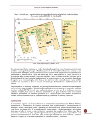 Tópicos em Ciências Agrárias – Volume 1
48
Figura 3: Mapa de uso e ocupação da Horta Comunitária da Escola de Referência em Ensino Médio
Clementino Coelho (EREMCC) da Petrolina-PE.
Fonte: Sertão Agroecológico/UNIVASF, 2019.
Em ambas as experiências analisadas as vendas são realizadas na própria horta. No entanto, na horta mais
periférica a maior parte da produção é distribuída por meio de intermediários. Neste caso constata-se que
há pouca venda direta para moradores/consumidores na própria horta. Os processos de comercialização
influenciam na diversidade de cultivo na medida em que a horta direciona o cultivo de hortaliças
demandadas pelos diversos canais de comercialização. Para a horta localizada na região central, em função
do maior fluxo de pessoas que compram diretamente na horta, constatou-se que uma menor dependência
de agentes s na comercialização. Além disso, o fato da horta estar localizada numa escola também
contribui com o aumento no fluxo de pessoas, comercialização direta na horta e melhoria na renda das
famílias.
De maneira geral os alimentos produzidos nas hortas urbanas de Petrolina são também comercializados
em feiras livres, supermercados e são distribuídos, na forma de encomendas, para restaurantes conforme
apontado por Leite (2019). Nos dois casos analisados, constata-se que o fato de se localizarem nas áreas
central e periférica, bem como as dinâmicas organizativas nas quais as hortas estão inseridas tem
interferido diretamente nas dinâmicas produtivas e na comercialização. Nesse sentido, esses fatores
também influenciaram na aferição de renda e manutenção das famílias no trabalho nas hortas.
4 CONCLUSÃO
O mapeamento espacial e a dinâmica histórica de constituição das experiências em AUP em Petrolina
possibilitaram a compreensão de aspectos relevantes para o planejamento e desenvolvimento da
agricultura urbana. Dentre estes fatores cabe destacar a necessidade de se valorizar a importância destas
experiências através de ações de promoção da AUP no que tange à relevância desta para a segurança
alimentar, geração de renda e desenvolvimento sustentável das cidades. Neste último caso faz-se
necessária a construção de ações e políticas públicas locais que possibilitem acesso, apoio técnico e em
processos de comercialização, bem como ações de educação alimentar nas áreas carentes a partir da
interação da população local com as experiências de Agricultura Urbana e Periurbana.
 