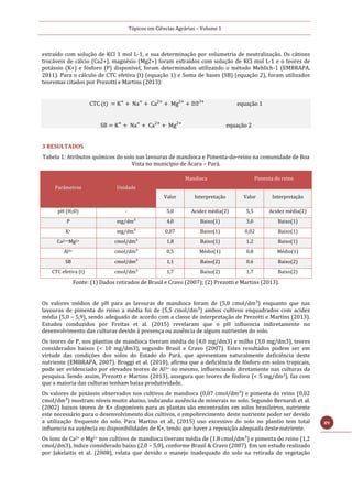 Tópicos em Ciências Agrárias – Volume 1
89
extraído com solução de KCl 1 mol L-1, e sua determinação por volumetria de neutralização. Os cátions
trocáveis de cálcio (Ca2+), magnésio (Mg2+) foram extraídos com solução de KCl mol L-1 e o teores de
potássio (K+) e fósforo (P) disponível, foram determinados utilizando o método Mehlich-1 (EMBRAPA,
2011). Para o cálculo de CTC efetiva (t) (equação 1) e Soma de bases (SB) (equação 2), foram utilizados
teoremas citados por Prezotti e Martins (2013):
CTC (t) = K+
+ Na+
+ Ca2+
+ Mg2+
+ 𝐴𝐴3+
equação 1
SB = K+
+ Na+
+ Ca2+
+ Mg2+
equação 2
3 RESULTADOS
Tabela 1: Atributos químicos do solo nas lavouras de mandioca e Pimenta-do-reino na comunidade de Boa
Vista no município de Ácara – Pará.
Parâmetros Unidade
Mandioca Pimenta do reino
Valor Interpretação Valor Interpretação
pH (H2O) - 5,0 Acidez média(2) 5,5 Acidez média(2)
P mg/dm³ 4,0 Baixo(1) 3,0 Baixo(1)
K+ mg/dm³ 0,07 Baixo(1) 0,02 Baixo(1)
Ca2++Mg2+ cmol/dm³ 1,8 Baixo(1) 1,2 Baixo(1)
Al3+ cmol/dm³ 0,5 Médio(1) 0,8 Médio(1)
SB cmol/dm³ 1,1 Baixo(2) 0,6 Baixo(2)
CTC efetiva (t) cmol/dm³ 1,7 Baixo(2) 1,7 Baixo(2)
Fonte: (1) Dados retirados de Brasil e Cravo (2007); (2) Prezotti e Martins (2013).
Os valores médios de pH para as lavouras de mandioca foram de (5,0 cmol/dm³) enquanto que nas
lavouras de pimenta do reino a média foi de (5,5 cmol/dm³) ambos cultivos enquadrados com acidez
média (5,0 – 5,9), sendo adequado de acordo com a classe de interpretação de Prezotti e Martins (2013).
Estudos conduzidos por Freitas et al. (2015) revelaram que o pH influencia indiretamente no
desenvolvimento das culturas devido à presença ou ausência de alguns nutrientes do solo.
Os teores de P, nos plantios de mandioca tiveram média de (4,0 mg/dm3) e milho (3,0 mg/dm3), teores
considerados baixos (< 10 mg/dm3), segundo Brasil e Cravo (2007). Estes resultados podem ser em
virtude das condições dos solos do Estado do Pará, que apresentam naturalmente deficiência deste
nutriente (EMBRAPA, 2007). Broggi et al. (2010), afirma que a deficiência de fósforo em solos tropicais,
pode ser evidenciado por elevados teores de Al3+ no mesmo, influenciando diretamente nas culturas da
pesquisa. Sendo assim, Prezotti e Martins (2013), assegura que teores de fósforo (< 5 mg/dm3), faz com
que a maioria das culturas tenham baixa produtividade.
Os valores de potássio observados nos cultivos de mandioca (0,07 cmol/dm³) e pimenta do reino (0,02
cmol/dm³) mostram níveis muito abaixo, indicando ausência de minerais no solo. Segundo Bernardi et al.
(2002) baixos teores de K+ disponíveis para as plantas são encontrados em solos brasileiros, nutriente
este necessário para o desenvolvimento dos cultivos, o empobrecimento deste nutriente poder ser devido
a utilização frequente do solo. Para Martins et al., (2015) uso excessivo do solo no plantio tem total
influencia na ausência ou disponibilidades de K+, tendo que haver a reposição adequada deste nutriente.
Os íons de Ca2+ e Mg2+ nos cultivos de mandioca tiveram média de (1.8 cmol/dm³) e pimenta do reino (1,2
cmol/dm3), índice considerado baixo (2,0 – 5,0), conforme Brasil & Cravo (2007). Em um estudo realizado
por Jakelaitis et al. (2008), relata que devido o manejo inadequado do solo na retirada de vegetação
 