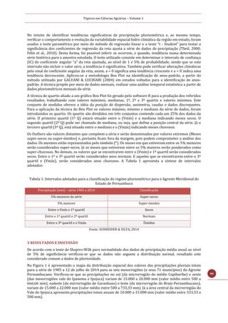 Tópicos em Ciências Agrárias – Volume 1
99
No intuito de identificar tendências significativas de precipitação pluviométrica e, ao mesmo tempo,
verificar o comportamento e evolução da variabilidade espacial hidro climática da região em estudo, foram
usados o teste paramétrico por meio do método de regressão linear e o teste “t - Student” para testar a
significância dos coeficientes de regressão da reta ajusta a série de dados de precipitação (Theil, 2000;
Félix et al., 2010). Desta forma, foi possível inferir se ocorrem, e quando, tendência numa determinada
série histórica para a amostra estudada. O teste utilizado consiste em determinar o intervalo de confiança
(IC) do coeficiente angular “a” da reta ajustada, ao nível de 1 e 5% de probabilidade, sendo que se este
intervalo não incluir o valor zero, a tendência é significativa. Também pode verificar alterações climáticas
pelo sinal do coeficiente angular da reta, assim, a > 0 significa uma tendência crescente e a < 0 indica uma
tendência decrescente. Aplicou-se a metodologia Box Plot na identificação de anos-padrão, a partir do
método utilizado por GALVANI & LUCHIARI (2004) em estudos voltados para a identificação de anos-
padrão. A técnica propõe por meio de dados mensais, realizar uma análise temporal estatística a partir de
dados pluviométricos mensais da série.
A técnica de quartis aliado a um gráfico Box Plot foi gerado pelo software R para a produção dos referidos
resultados, trabalhando com valores máximos, medianas, 1º, 2º e 3º quartis e valores mínimos. Este
conjunto de medidas oferece a idéia da posição de dispersão, assimetria, caudas e dados discrepantes.
Para a aplicação da técnica do Box Plot os valores máximo, mínimo e mediano da série de dados, foram
introduzidos os quartis. Os quartis são divididos em três conjuntos contendo cada um 25% dos dados da
série. O primeiro quartil (1º Q) estará situado entre o (Vmín) e a mediana indicando meses secos. O
segundo quartil (2º Q) pode ser chamado de mediana, ou seja, que define a posição central da série. Já o
terceiro quartil (3º Q), está situado entre o mediano e o (Vmáx) indicando meses chuvosos.
Os Outliers são valores distantes que compõem a séria e serão denominados por valores extremos (Meses
super-secos ou super-úmidos) e, portanto ficam fora da margem, pois podem comprometer a análise dos
dados. Os mesmos estão representados pelo símbolo (*). Os meses em que estiverem entre os 5% menores
serão considerados super-secos. Já os meses que estiverem entre os 5% maiores serão ponderados como
super-chuvosos. No demais, os valores que se encontrarem entre o (Vmín) e 1º quartil serão considerados
secos. Entre o 1º e 3º quartil serão considerados anos normais. E aqueles que se encontrarem entre o 3º
quartil e (Vmáx), serão considerados anos chuvosos. A Tabela 1 apresenta a síntese de intervalos
adotados:
Tabela 1. Intervalos adotados para a classificação do regime pluviométrico para o Agreste Meridional do
Estado de Pernambuco
Precipitação (mm) – série 1985 a 2014 Classificação
5% menores da série Super-secos
5% maiores Super-úmidos
Entre o Vmín e 1º quartil Secos
Entre o 1º quartil e 2º quartil Normais
Entre o 3º quartil e o Vmáx Úmidos
Fonte: SCHNEIDER & SILVA, 2014
3 RESULTADOS E DISCUSSÃO
De acordo com o teste de Shapiro-Wilk para normalidade dos dados de precipitação média anual ao nível
de 5% de significância verificou-se que os dados não seguem a distribuição normal, resultado este
considerado comum a dados de pluviosidade.
Na Figura 1 é apresentado o mapa da distribuição espacial dos valores das precipitações pluviais totais
para a série de 1985 a 12 de julho de 2014 para as seis mesorregiões (e seus 71 municípios) do Agreste
Pernambucano. Verificou-se que as precipitações no sul (da microrregião do médio Capibaribe) e oeste
(das mesorregiões vale do Ipanema e Ipojuca) variam de 15.000 a 20.000 mm (valor médio entre 500 a
666,66 mm), sudeste (da microrregião de Garanhuns) e leste (da microrregião do Brejo Pernambucano),
variam de 15.000 a 22.000 mm (valor médio entre 500 a 733,33 mm). Já a área central da microrregião do
Vale do Ipojuca apresenta precipitações totais anuais de 10.000 a 15.000 mm (valor médio entre 333,33 a
500 mm).
 