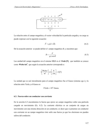 “Tópicos de Electricidad y Magnetismo” J.Pozo y R.M. Chorbadjian.
La relación entre el campo magnético, el vector velocidad de la partícula cargada y su carga se
puede expresar con la siguiente ecuación:
)( BqF
rrr
×= υ (6.2)
De la ecuación anterior se puede definir el campo magnético B, y encontrar que:
θυ senq
F
B = (6.3)
Las unidad del campo magnético en el sistema MKS es el Tesla [T], que también se conoce
como Weber/m2
, que según la ecuación anterior corresponde a:
][111 2
T
mA
N
m
Weber
=⎥
⎦
⎤
⎢
⎣
⎡
≡⎥⎦
⎤
⎢⎣
⎡
.
La unidad que se usó inicialmente para el campo magnético fue el Gauss (sistema cgs.) y la
relación entre Tesla y el Gauss es:
Gauss.10Tesla1 4
=
6.3. Fuerza sobre un conductor con corriente
En la sección 6.3 encontrarnos la fuerza que ejerce un campo magnético sobre una partícula
cargada en movimiento (Ec. 6.2). La corriente eléctrica es un conjunto de cargas en
movimiento con una misma dirección en un conductor, es decir que si ponemos un conductor
con corriente en un campo magnético éste sufre una fuerza ya que los electrones no pueden
salirse del conductor.
117
 