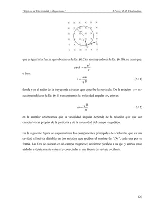 “Tópicos de Electricidad y Magnetismo” J.Pozo y R.M. Chorbadjian.
que es igual a la fuerza que obtiene en la Ec. (6.2) y sustituyendo en la Ec. (6.10), se tiene que:
r
mBq
2
υ
υ =
o bien:
Bq
m
r
υ
= (6.11)
donde r es el radio de la trayectoria circular que describe la partícula. De la relación rωυ =
sustituyéndola en la Ec. (6.11) encontramos la velocidad angular ω , esto es:
m
Bq
=ω 6.12)
en la anterior observamos que la velocidad angular depende de la relación q/m que son
características propias de la partícula y de la intensidad del campo magnético.
En la siguiente figura se esquematizan los componentes principales del ciclotrón, que es una
cavidad cilíndrica dividida en dos mitades que reciben el nombre de “De”, cada una por su
forma. Las Des se colocan en un campo magnético uniforme paralelo a su eje, y ambas están
aisladas eléctricamente entre sí y conectadas a una fuente de voltaje oscilante.
120
 