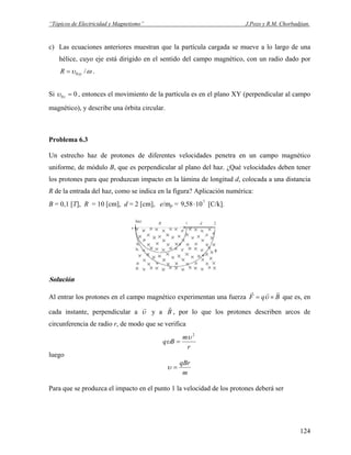 “Tópicos de Electricidad y Magnetismo” J.Pozo y R.M. Chorbadjian.
c) Las ecuaciones anteriores muestran que la partícula cargada se mueve a lo largo de una
hélice, cuyo eje está dirigido en el sentido del campo magnético, con un radio dado por
ωυ /0xyR = .
Si 00 =zυ , entonces el movimiento de la partícula es en el plano XY (perpendicular al campo
magnético), y describe una órbita circular.
Problema 6.3
Un estrecho haz de protones de diferentes velocidades penetra en un campo magnético
uniforme, de módulo B, que es perpendicular al plano del haz. ¿Qué velocidades deben tener
los protones para que produzcan impacto en la lámina de longitud d, colocada a una distancia
R de la entrada del haz, como se indica en la figura? Aplicación numérica:
B = 0,1 [T], R = 10 [cm], d = 2 [cm], e/mp = [C/k].7
1058,9 ⋅
Solución
Al entrar los protones en el campo magnético experimentan una fuerza que es, en
cada instante, perpendicular a
BqF
rrr
×= υ
υ
r
y a B
r
, por lo que los protones describen arcos de
circunferencia de radio r, de modo que se verifica
r
m
Bq
2
υ
υ =
luego
m
qBr
=υ
Para que se produzca el impacto en el punto 1 la velocidad de los protones deberá ser
124
 