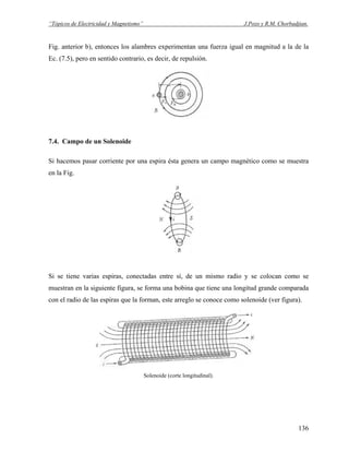 “Tópicos de Electricidad y Magnetismo” J.Pozo y R.M. Chorbadjian.
Fig. anterior b), entonces los alambres experimentan una fuerza igual en magnitud a la de la
Ec. (7.5), pero en sentido contrario, es decir, de repulsión.
7.4. Campo de un Solenoide
Si hacemos pasar corriente por una espira ésta genera un campo magnético como se muestra
en la Fig.
Si se tiene varias espiras, conectadas entre sí, de un mismo radio y se colocan como se
muestran en la siguiente figura, se forma una bobina que tiene una longitud grande comparada
con el radio de las espiras que la forman, este arreglo se conoce como solenoide (ver figura).
Solenoide (corte longitudinal).
136
 