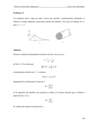 “Tópicos de Electricidad y Magnetismo” J.Pozo y R.M. Chorbadjian.
Problema 7.3
Un conductor recto y largo de radio a lleva una corriente i uniformemente distribuida. a)
Calcule el campo magnético, para puntos dentro del alambre. (Vea Fig. b) Grafique B vs r
para a < r < .∞
Solución:
Primero se obtiene la densidad de corriente i de la Ec. (4.3), esto es:
2
a
i
A
i
J
π
==
de la Ec. (7.3) se tiene que:
∫ ∫ ⋅=⋅
s
sdJldB
rrrr
0μ
evaluando para círculos con r < a tenemos:
2
02 rJrB πμπ =
despejando B y sustituyendo el valor de J:
2
0
2 a
ri
B
π
μ
=
en la superficie del alambre esta ecuación se reduce a la misma ecuación que se obtiene a
partir de la Ec. (7.2)
a
i
B
π
μ
2
0
=
b) Gráfico del campo B en función de r .
142
 