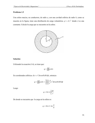 “Tópicos de Electricidad y Magnetismo” J.Pozo y R.M. Chorbadjian.
Problema 1.5
Una esfera maciza, no conductora, de radio a, con una cavidad esférica de radio b, como se
muestra en la figura, tiene una distribución de carga volumétrica donde A es una
constante. Calcule la carga que se encuentra en la esfera.
3
/ rA=ρ
Solución:
Utilizando la ecuación (1.6), se tiene que:
∫∫∫= υρ dq
En coordenadas esféricas , entoncesφθθυ dddrsenrd 2
=
∫∫∫∫∫∫ ==
π π
φθθυρ
2
0 0
2
3
dddrsenr
r
A
dq
a
b
Luego
∫=
a
b
r
dr
Aq π4
De donde se encuentra que la carga en la esfera es:
b
a
LnAq π4=
16
 