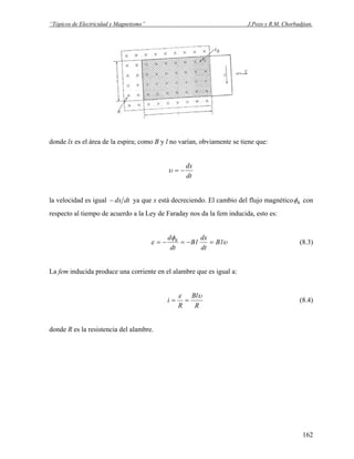 “Tópicos de Electricidad y Magnetismo” J.Pozo y R.M. Chorbadjian.
donde lx es el área de la espira; como B y l no varían, obviamente se tiene que:
dt
dx
−=υ
la velocidad es igual dtdx− ya que x está decreciendo. El cambio del flujo magnético Bφ con
respecto al tiempo de acuerdo a la Ley de Faraday nos da la fem inducida, esto es:
υ
φ
ε lB
dt
dx
lB
dt
d B
=−=−= (8.3)
La fem inducida produce una corriente en el alambre que es igual a:
R
Bl
R
i
υε
== (8.4)
donde R es la resistencia del alambre.
162
 