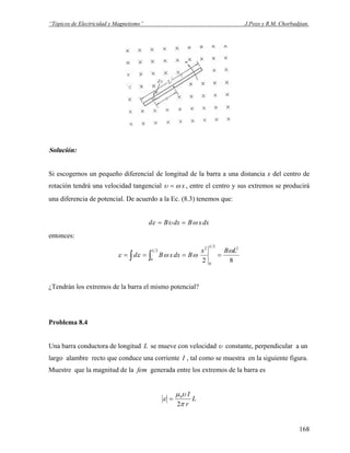 “Tópicos de Electricidad y Magnetismo” J.Pozo y R.M. Chorbadjian.
Solución:
Si escogernos un pequeño diferencial de longitud de la barra a una distancia x del centro de
rotación tendrá una velocidad tangencial xωυ = , entre el centro y sus extremos se producirá
una diferencia de potencial. De acuerdo a la Ec. (8.3) tenemos que:
dxxBdxBd ωυε ==
entonces:
82
22
0
2
2
0
LBx
BdxxBd
L
L ω
ωωεε ==== ∫ ∫
¿Tendrán los extremos de la barra el mismo potencial?
Problema 8.4
Una barra conductora de longitud se mueve con velocidadL υ constante, perpendicular a un
largo alambre recto que conduce una corriente I , tal como se muestra en la siguiente figura.
Muestre que la magnitud de la fem generada entre los extremos de la barra es
L
r
I
π
υμ
ε
2
0
=
168
 