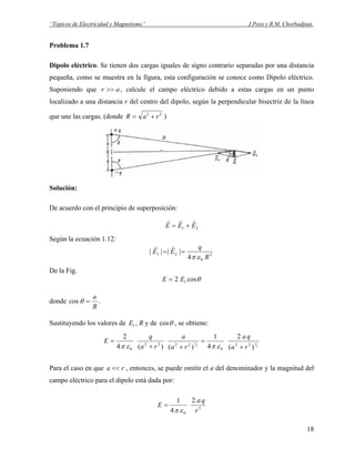 “Tópicos de Electricidad y Magnetismo” J.Pozo y R.M. Chorbadjian.
Problema 1.7
Dipolo eléctrico. Se tienen dos cargas iguales de signo contrario separadas por una distancia
pequeña, como se muestra en la figura, esta configuración se conoce como Dipolo eléctrico.
Suponiendo que ar >> , calcule el campo eléctrico debido a estas cargas en un punto
localizado a una distancia r del centro del dipolo, según la perpendicular bisectriz de la línea
que une las cargas. (donde 22
raR += )
Solución:
De acuerdo con el principio de superposición:
21 EEE
rrr
+=
Según la ecuación 1.12:
2
0
21
4
||||
R
q
EE
επ
==
rr
De la Fig.
θcos2 1EE =
donde
R
a
=θcos .
Sustituyendo los valores de , R y de1E θcos , se obtiene:
2
3
2
1
)(
2
4
1
)()(4
2
22
0
2222
0 ra
qa
ra
a
ra
q
E
+
=
++
=
επεπ
Para el caso en que ra , entonces, se puede omitir el a del denominador y la magnitud del
campo eléctrico para el dipolo está dada por:
<<
3
0
2
4
1
r
qa
E
επ
=
18
 