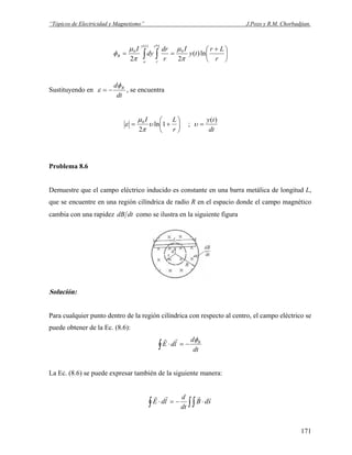 “Tópicos de Electricidad y Magnetismo” J.Pozo y R.M. Chorbadjian.
⎟
⎠
⎞
⎜
⎝
⎛ +
== ∫∫ r
Lr
ty
I
r
dr
dy
I Lr
r
ty
o
B ln)(
22
0
*)(
0
π
μ
π
μ
φ
Sustituyendo en
dt
d Bφ
ε −= , se encuentra
⎟
⎠
⎞
⎜
⎝
⎛
+=
r
LI
1ln
2
0
υ
π
μ
ε ;
dt
ty )(
=υ
Problema 8.6
Demuestre que el campo eléctrico inducido es constante en una barra metálica de longitud L,
que se encuentre en una región cilíndrica de radio R en el espacio donde el campo magnético
cambia con una rapidez dtdB como se ilustra en la siguiente figura
Solución:
Para cualquier punto dentro de la región cilíndrica con respecto al centro, el campo eléctrico se
puede obtener de la Ec. (8.6):
dt
d
ldE Bφ
−=⋅∫
rr
La Ec. (8.6) se puede expresar también de la siguiente manera:
∫∫∫ ⋅−=⋅ sdB
dt
d
ldE
rrrr
171
 