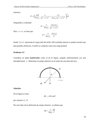 “Tópicos de Electricidad y Magnetismo” J.Pozo y R.M. Chorbadjian.
entonces:
∫∫ +
=
+
=
a
dl
xa
x
xa
xdl
E
π
επ
λ
επ
λ
2
0
22
0
22
0
2
3
2
3
)(4)(4
Integrando y evaluando
2
3
)(
2
4
1
22
0 xa
xa
E
+
=
λπ
επ
Para ax >> , se tiene que
2
0
2
4
1
x
a
E
λπ
επ
=
donde λπ a2 representa la carga total del anillo. Del resultado anterior se puede concluir que
para grandes distancias, el anillo se comporta como una carga puntual.
Problema 1.9
Considere un arco semicircular como el de la figura, cargado uniformemente con una
densidad lineal λ . Determine el campo eléctrico en el centro de curvatura del arco.
θcosdE
Ed
r
θ
dl
ar =
Solución:
De la figura se tiene
θcosdEdEy =
por simetría =0xE
Por otro lado, de la definición de campo eléctrico se obtiene que
2
04
1
r
dq
dE
πε
=
20
 